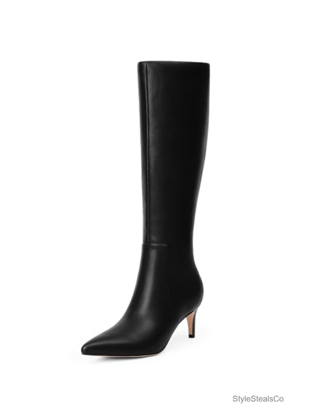 Women's Faux Leather Knee High Boots Pointed Toe Kitten Heel Side Zip